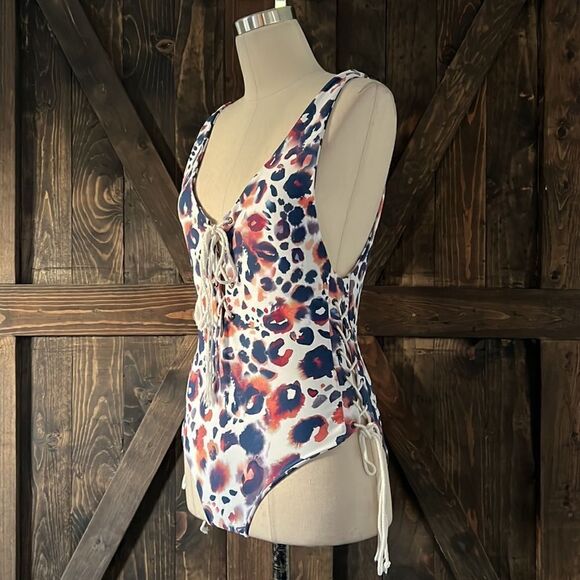 Aila Blue swimsuit with lace up tie side waist and front Sz- Medium - Picture 2 of 7